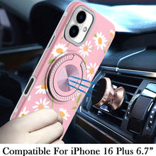 For iPhone 16 Plus 6.7in Case Printed Magnetic Bling Ring Stand + Tempered Glass