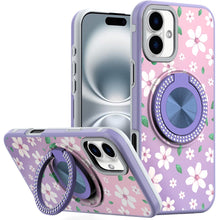 For iPhone 16 Plus 6.7in Case Printed Magnetic Bling Ring Stand + Tempered Glass