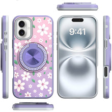 For iPhone 16 Plus 6.7in Case Printed Magnetic Bling Ring Stand + Tempered Glass