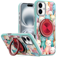 For iPhone 16 Plus 6.7in Case Printed Magnetic Bling Ring Stand + Tempered Glass