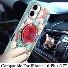 For iPhone 16 Plus 6.7in Case Printed Magnetic Bling Ring Stand + Tempered Glass