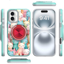 For iPhone 16 Plus 6.7in Case Printed Magnetic Bling Ring Stand + Tempered Glass