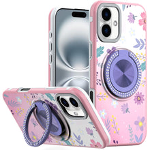 For iPhone 16 Plus 6.7in Case Printed Magnetic Bling Ring Stand + Tempered Glass