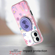 For iPhone 16 Plus 6.7in Case Printed Magnetic Bling Ring Stand + Tempered Glass
