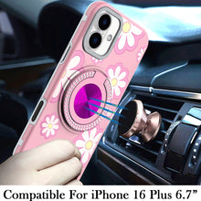 For iPhone 16 Plus 6.7in Case Printed Magnetic Bling Ring Stand + Tempered Glass