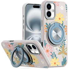 For iPhone 16 Plus 6.7in Case Printed Magnetic Bling Ring Stand + Tempered Glass