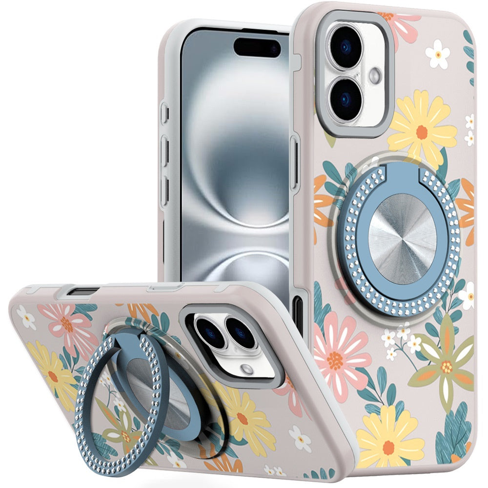 For iPhone 16 Plus 6.7in Case Printed Magnetic Bling Ring Stand + Tempered Glass