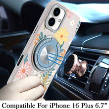 For iPhone 16 Plus 6.7in Case Printed Magnetic Bling Ring Stand + Tempered Glass