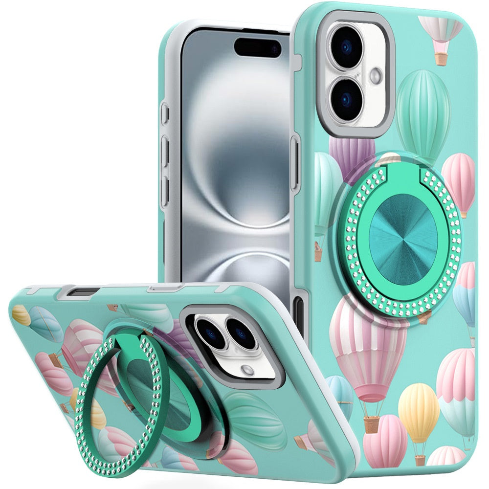 For iPhone 16 Plus 6.7in Case Printed Magnetic Bling Ring Stand + Tempered Glass