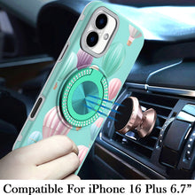 For iPhone 16 Plus 6.7in Case Printed Magnetic Bling Ring Stand + Tempered Glass