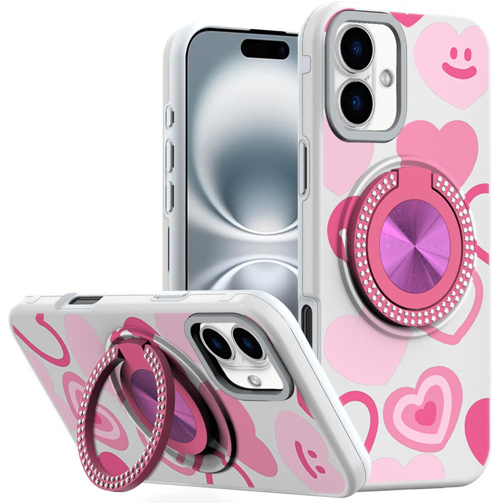 For iPhone 16 Plus 6.7in Case Printed Magnetic Bling Ring Stand + Tempered Glass