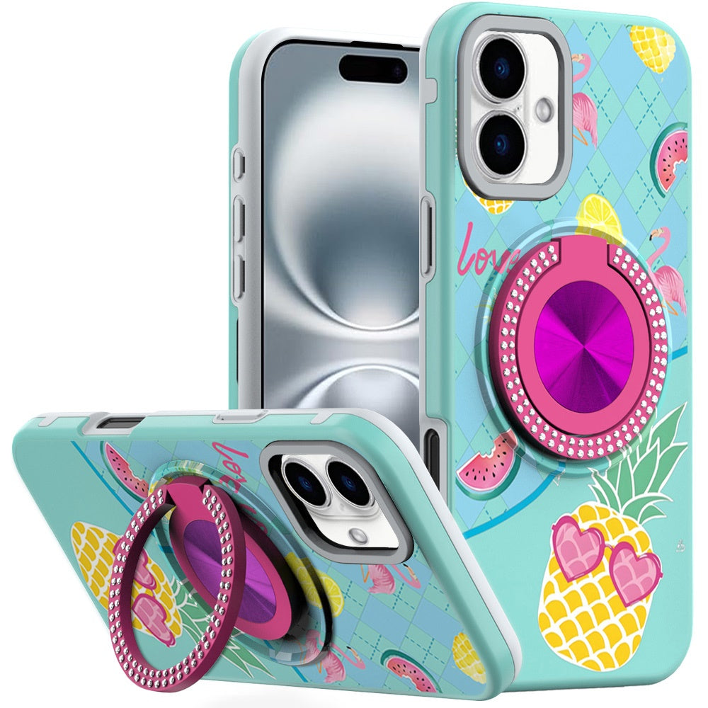 For iPhone 16 Plus 6.7in Case Printed Magnetic Bling Ring Stand + Tempered Glass
