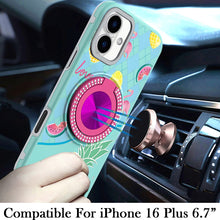 For iPhone 16 Plus 6.7in Case Printed Magnetic Bling Ring Stand + Tempered Glass