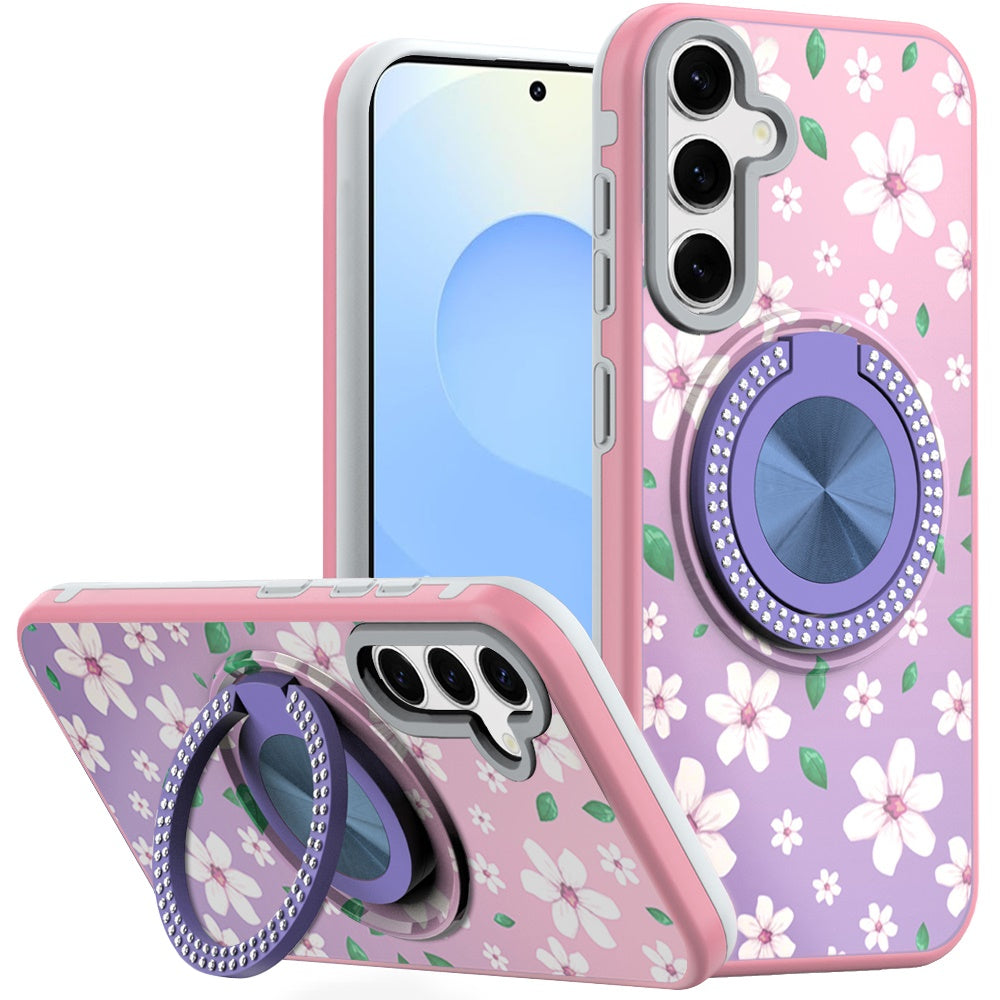 For Samsung S25+/S24+ Case Printed Magnetic Bling Ring Stand + Tempered Glass