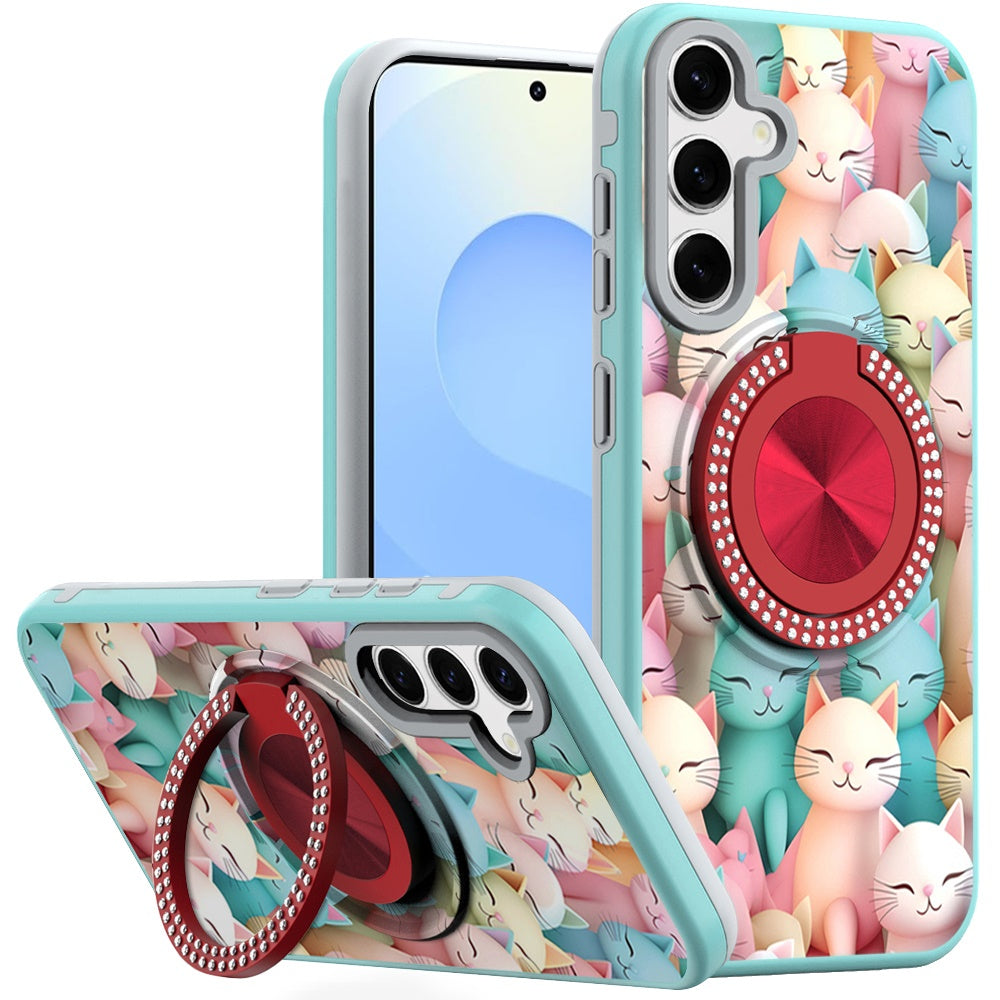 For Samsung S25+/S24+ Case Printed Magnetic Bling Ring Stand + Tempered Glass