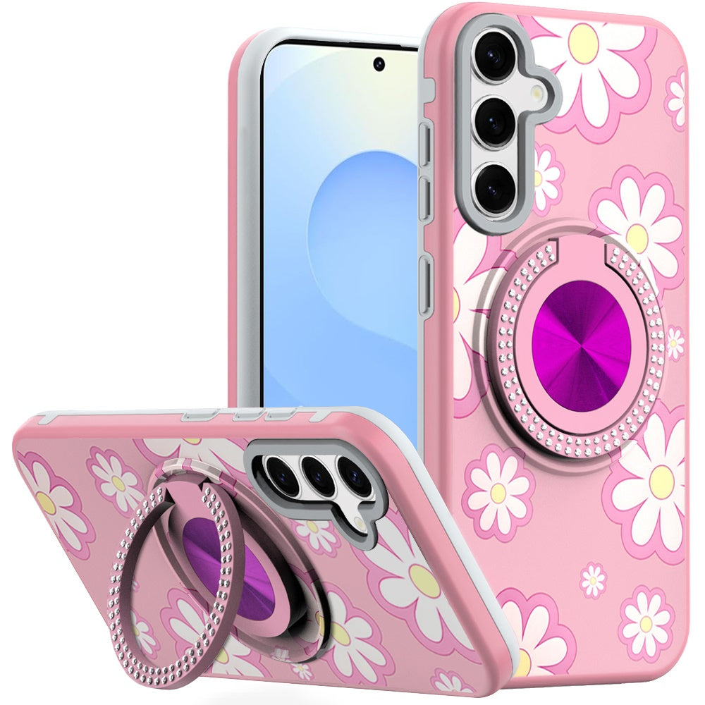 For Samsung S25+/S24+ Case Printed Magnetic Bling Ring Stand + Tempered Glass