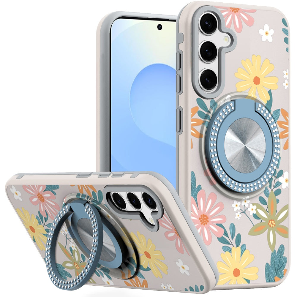 For Samsung S25+/S24+ Case Printed Magnetic Bling Ring Stand + Tempered Glass
