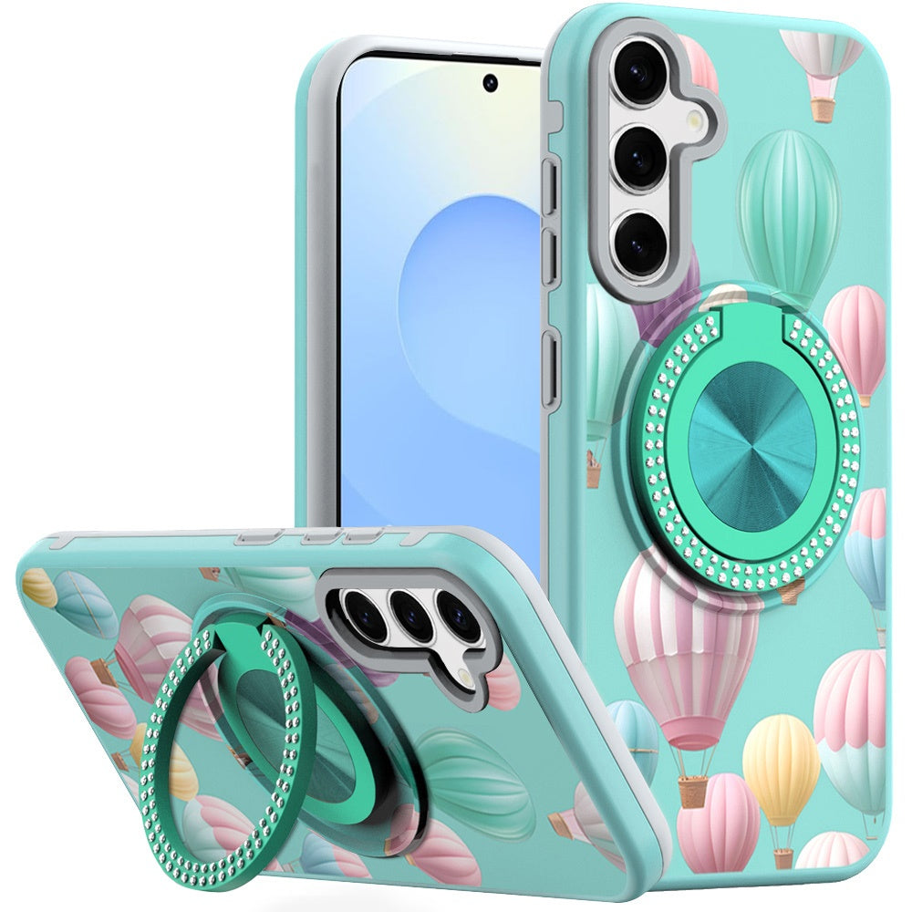 For Samsung S25+/S24+ Case Printed Magnetic Bling Ring Stand + Tempered Glass