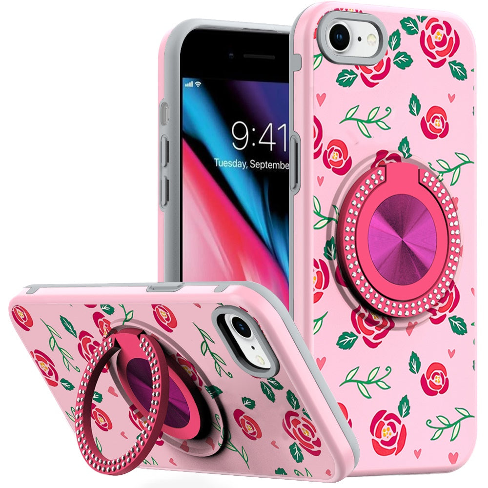 For iPhone SE 3/SE 2 iPhone 8/7 Case Printed Bling Ring Stand + Tempered Glass