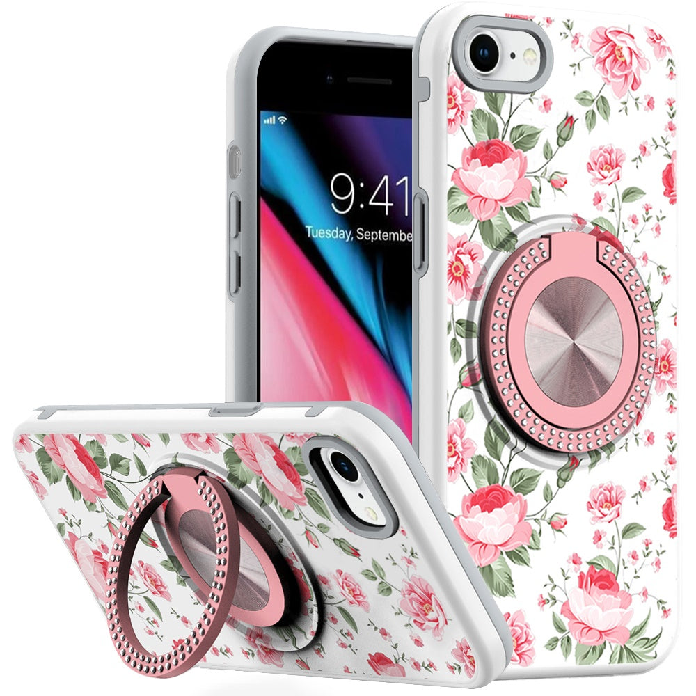 For iPhone SE 3/SE 2 iPhone 8/7 Case Printed Bling Ring Stand + Tempered Glass