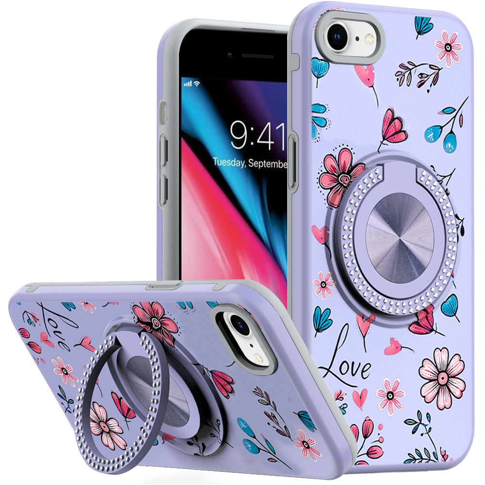 For iPhone SE 3/SE 2 iPhone 8/7 Case Printed Bling Ring Stand + Tempered Glass