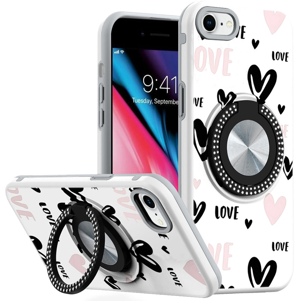For iPhone SE 3/SE 2 iPhone 8/7 Case Printed Bling Ring Stand + Tempered Glass