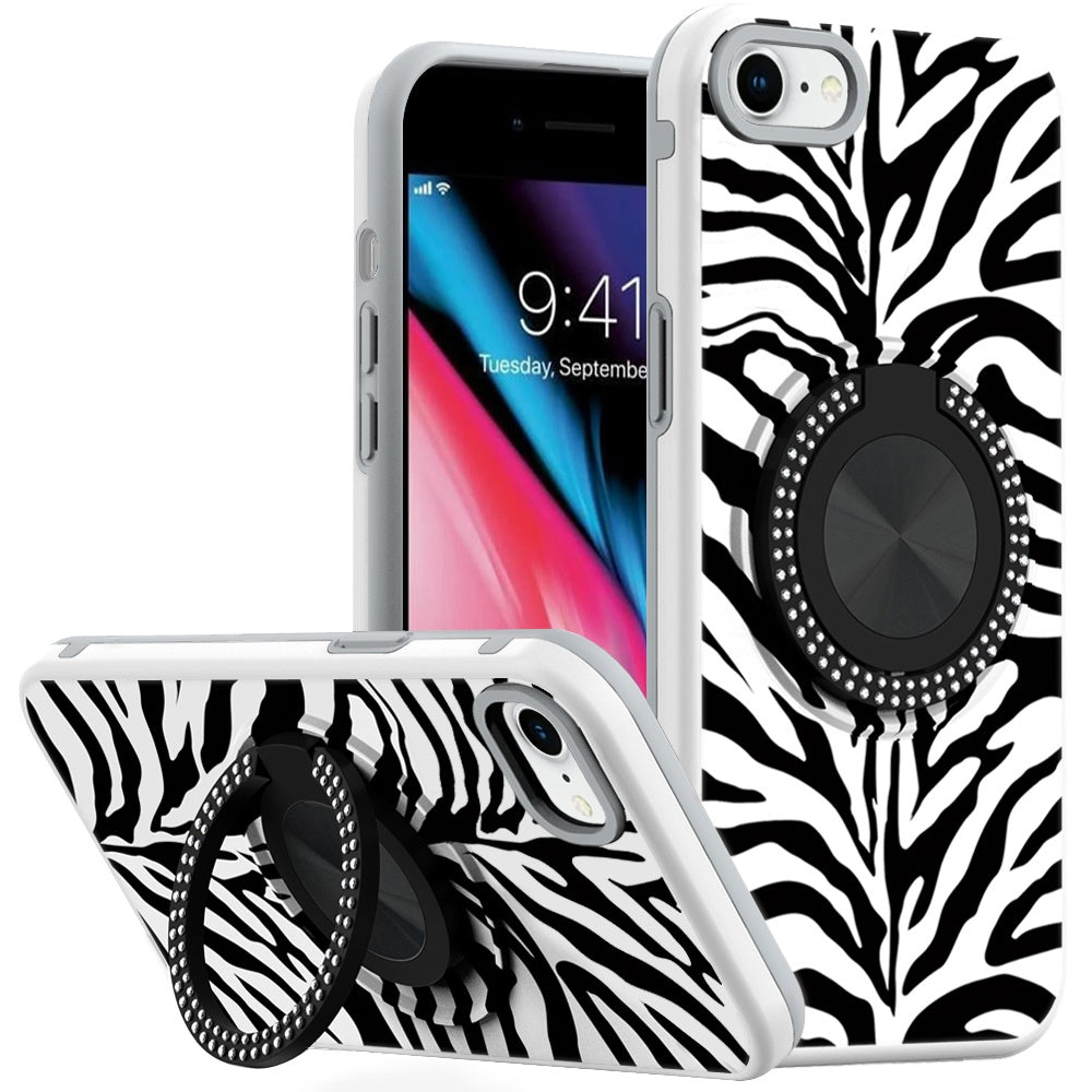 For iPhone SE 3/SE 2 iPhone 8/7 Case Printed Bling Ring Stand + Tempered Glass
