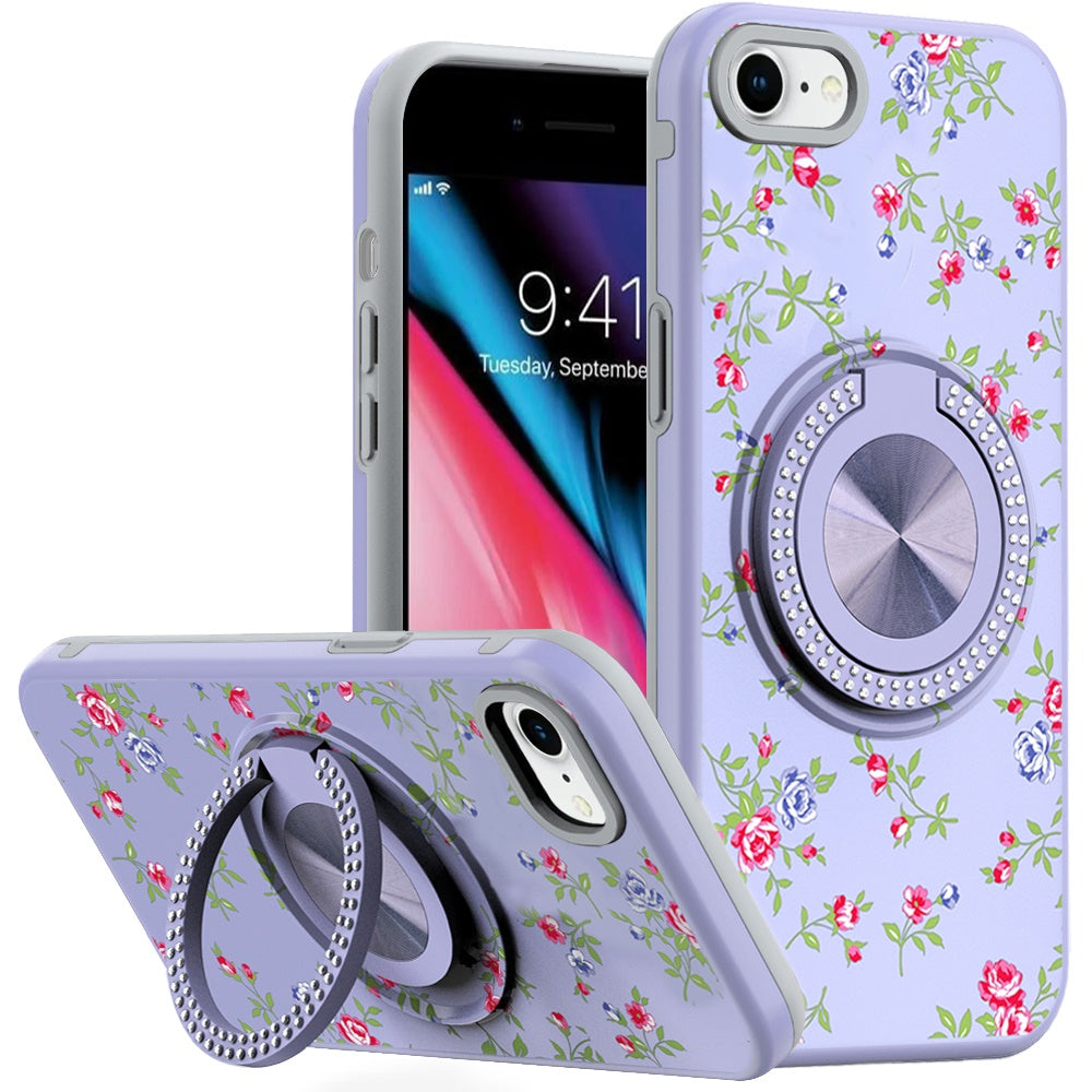 For iPhone SE 3/SE 2 iPhone 8/7 Case Printed Bling Ring Stand + Tempered Glass