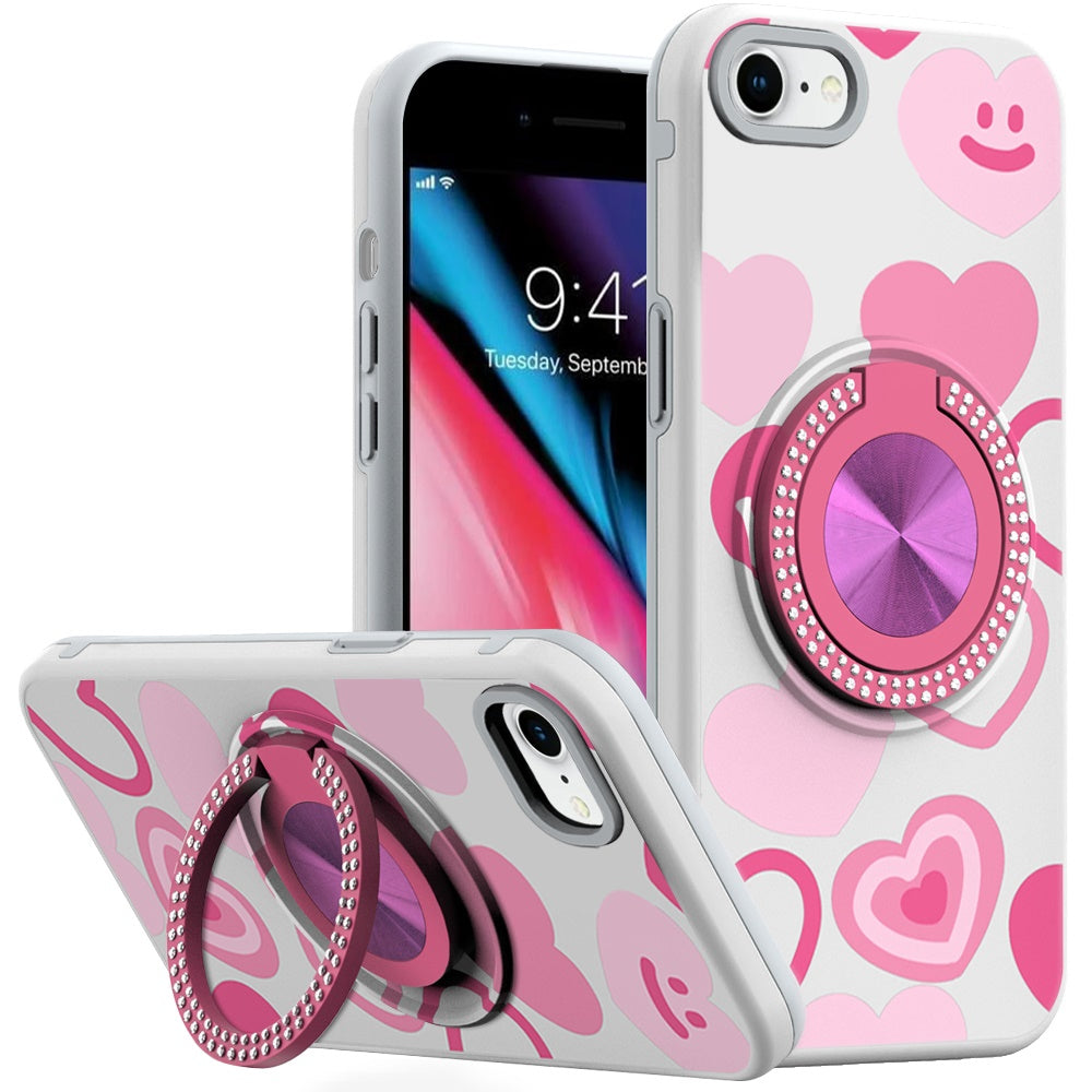 For iPhone SE 3/SE 2 iPhone 8/7 Case Printed Bling Ring Stand + Tempered Glass