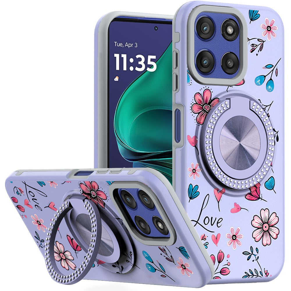 For Moto G Stylus 2025 Case Printed Magnetic Bling Ring Stand + Tempered Glass