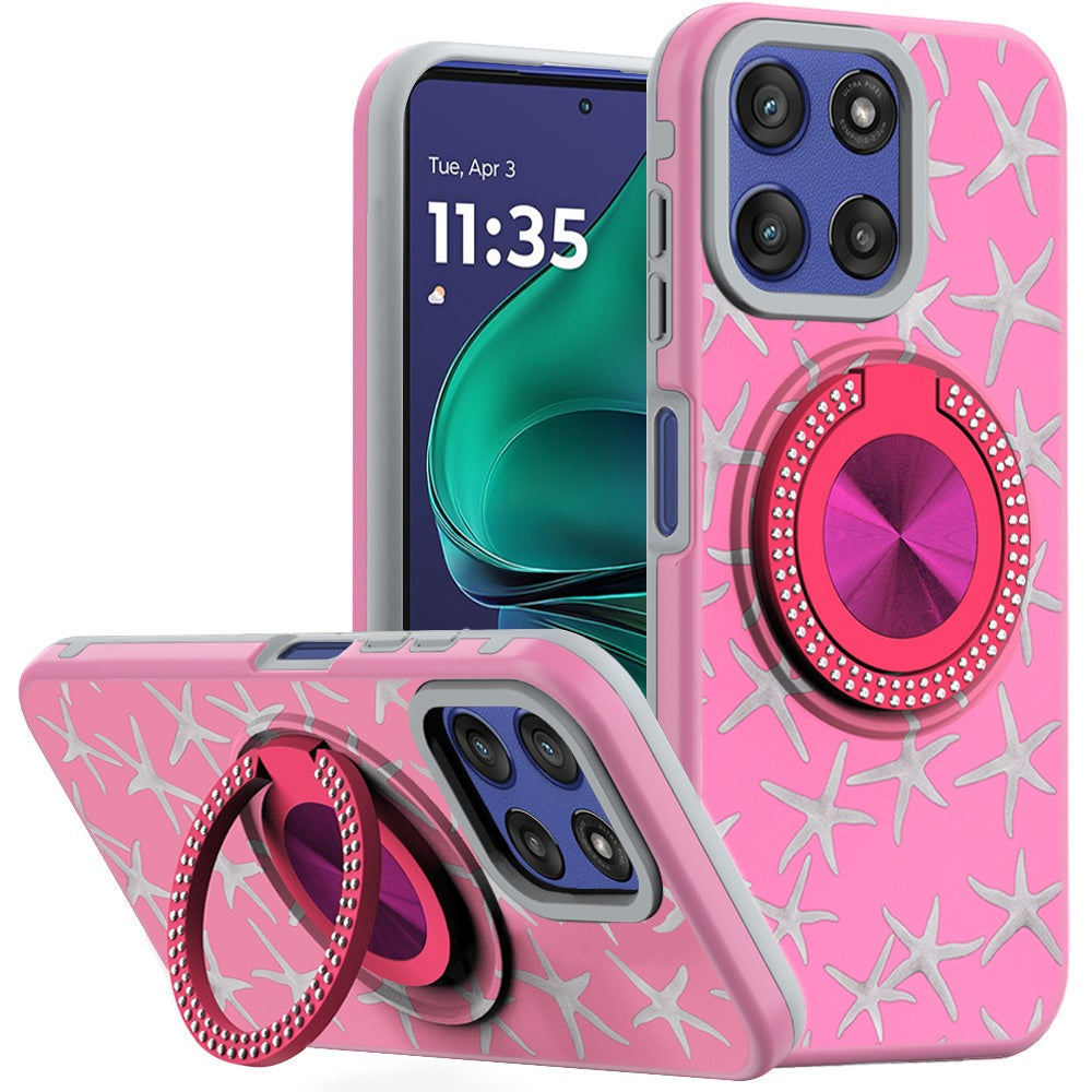 For Moto G Stylus 2025 Case Printed Magnetic Bling Ring Stand + Tempered Glass