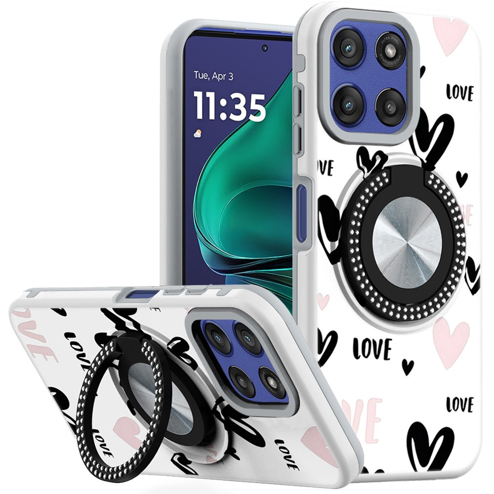 For Moto G Stylus 2025 Case Printed Magnetic Bling Ring Stand + Tempered Glass