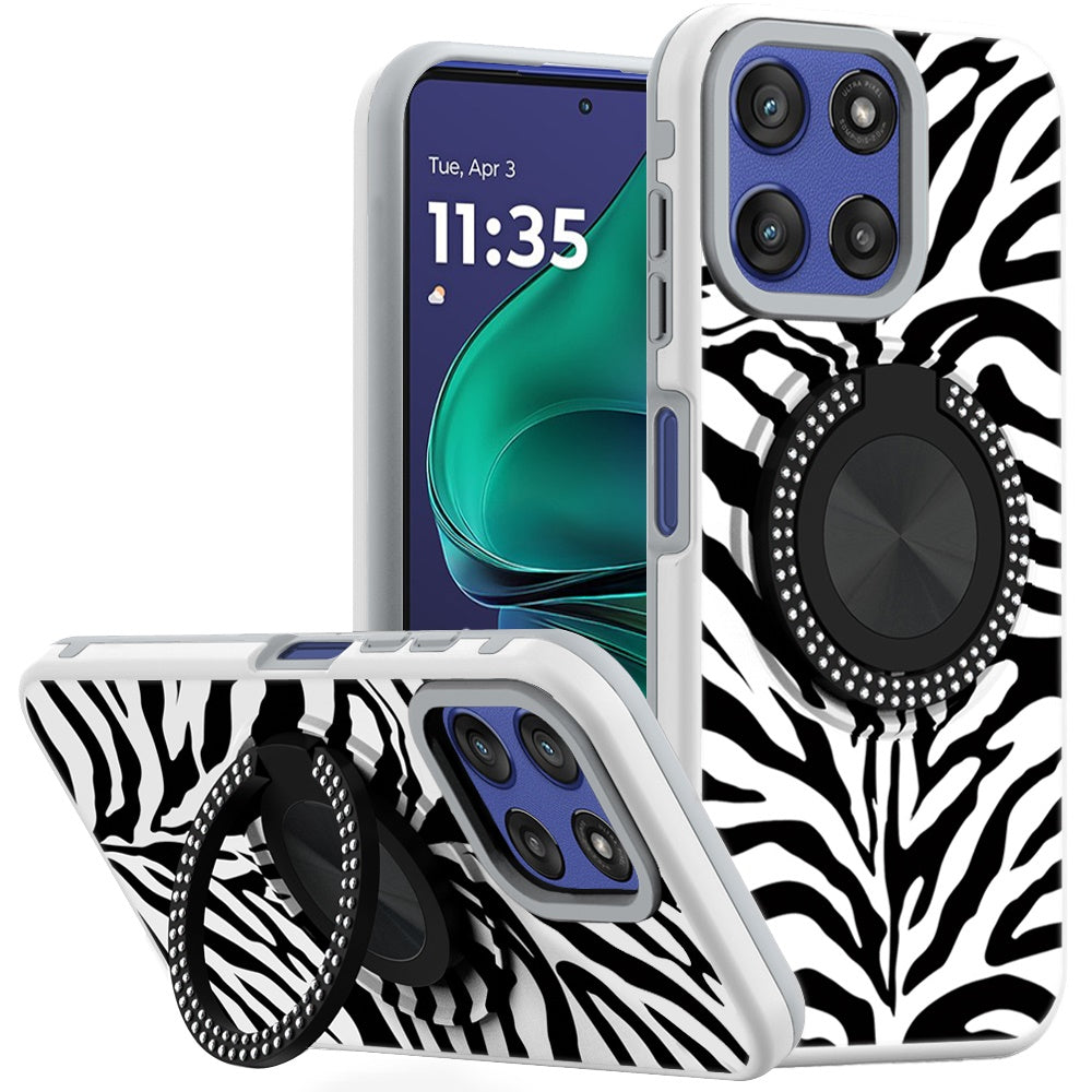 For Moto G Stylus 2025 Case Printed Magnetic Bling Ring Stand + Tempered Glass