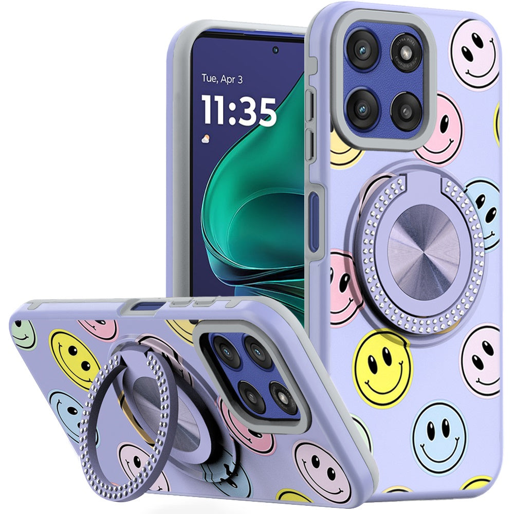 For Moto G Stylus 2025 Case Printed Magnetic Bling Ring Stand + Tempered Glass