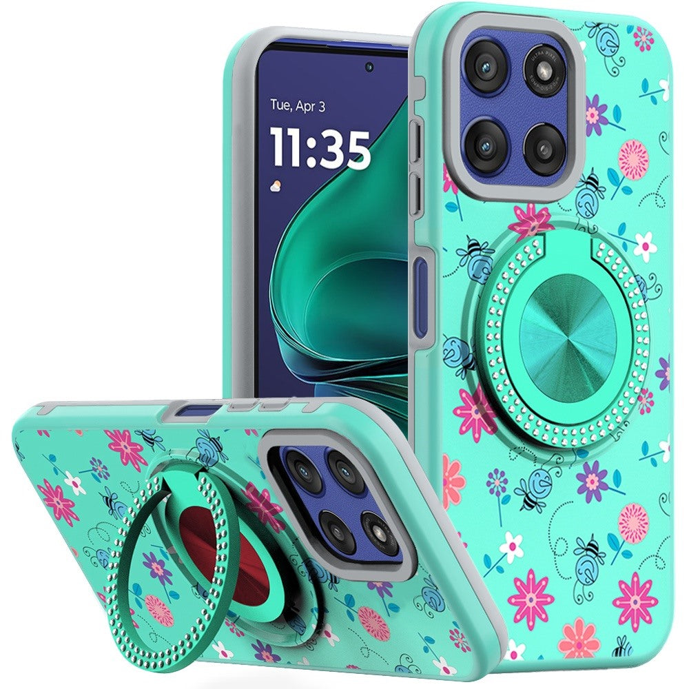 For Moto G Stylus 2025 Case Printed Magnetic Bling Ring Stand + Tempered Glass