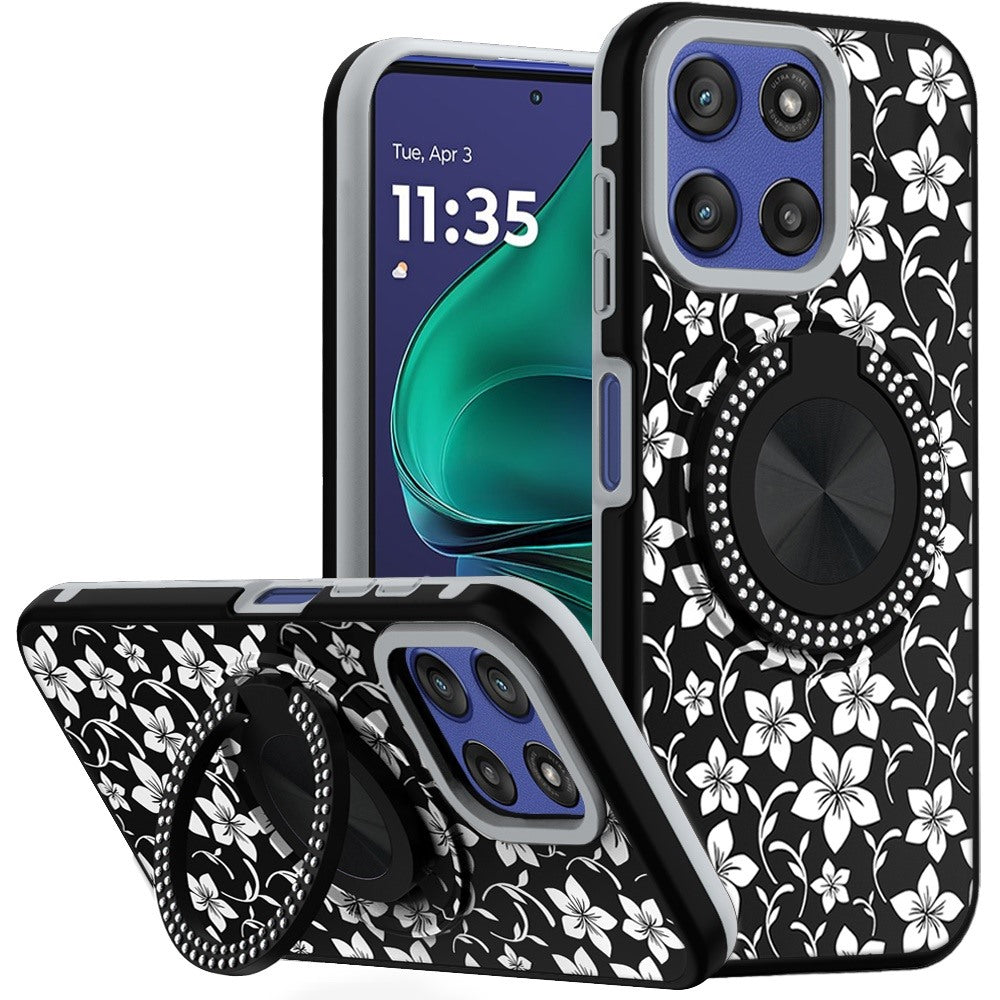 For Moto G Stylus 2025 Case Printed Magnetic Bling Ring Stand + Tempered Glass