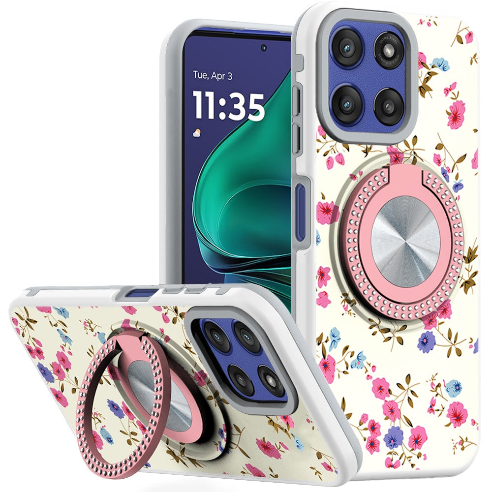 For Moto G Stylus 2025 Case Printed Magnetic Bling Ring Stand + Tempered Glass