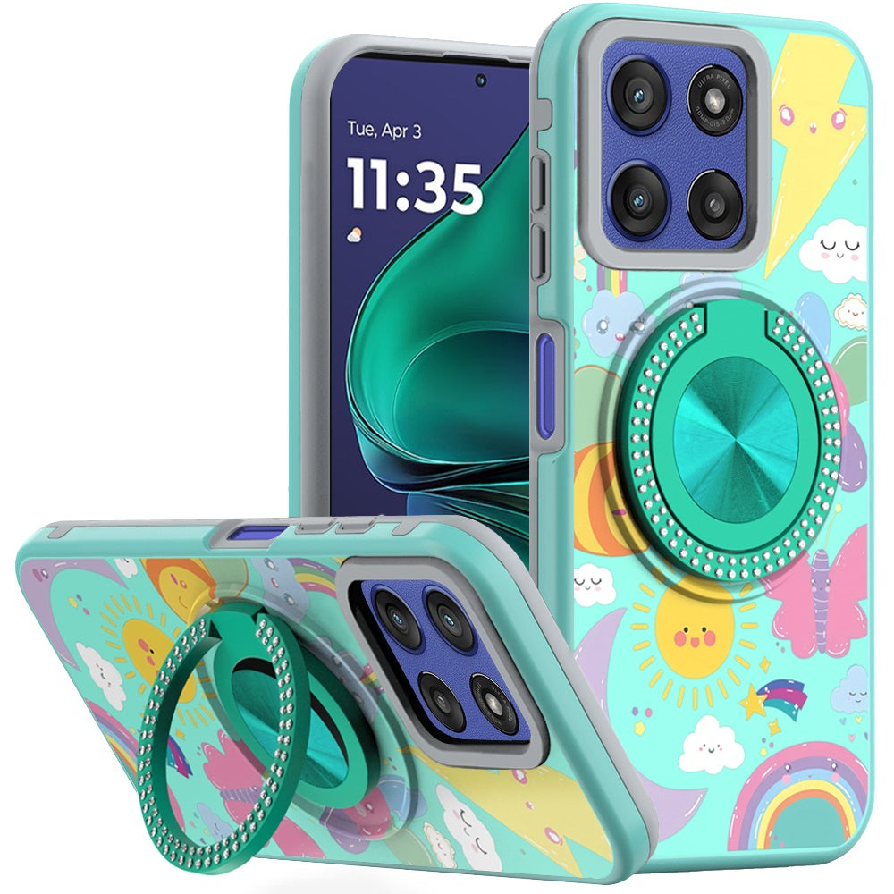 For Moto G Stylus 2025 Case Printed Design with Bling 360 Stand + Tempered Glass