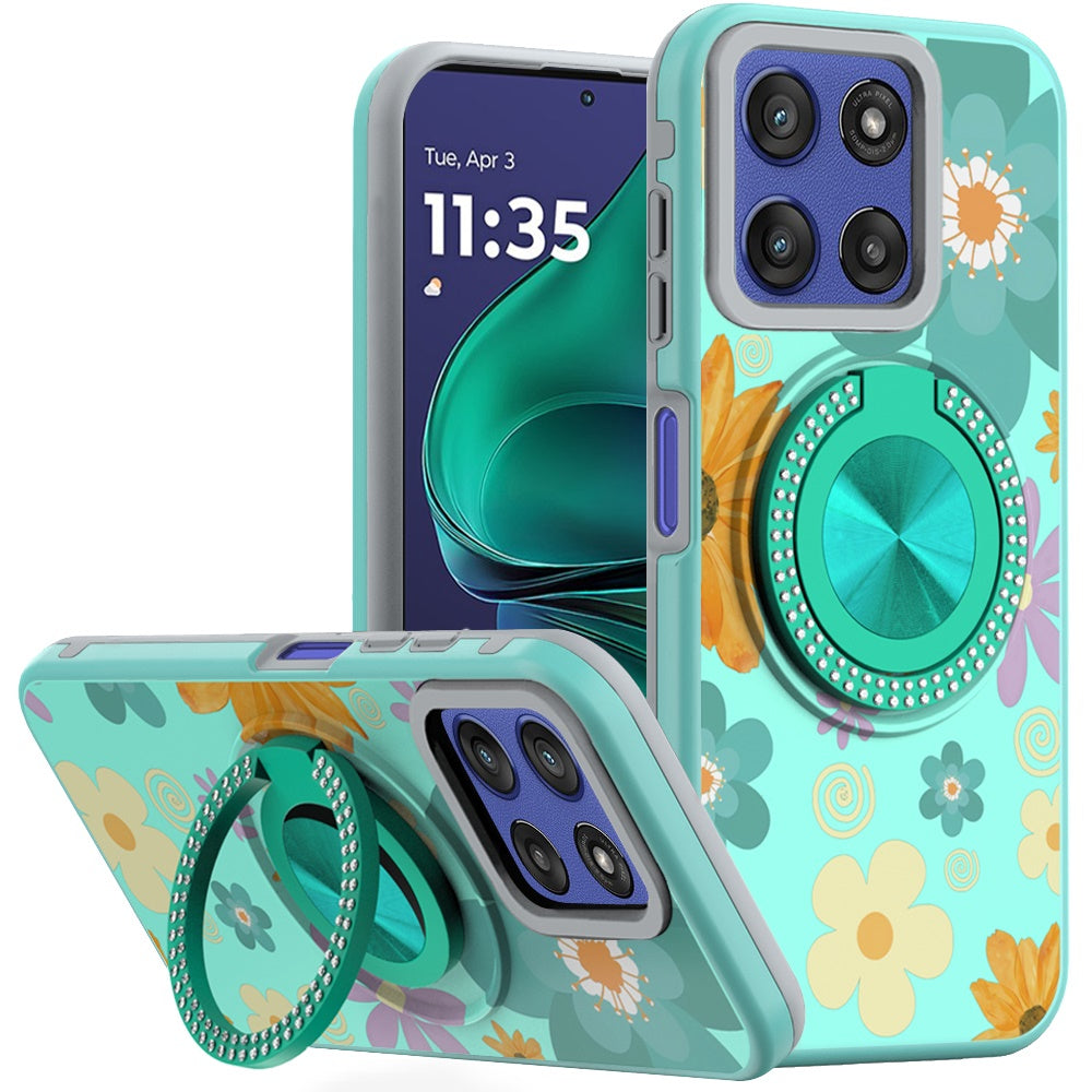 For Moto G Stylus 2025 Case Printed Design with Bling 360 Stand + Tempered Glass