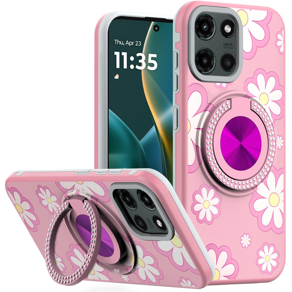 For Moto G Stylus 2025 Case Printed Magnetic Bling Ring Stand + Tempered Glass
