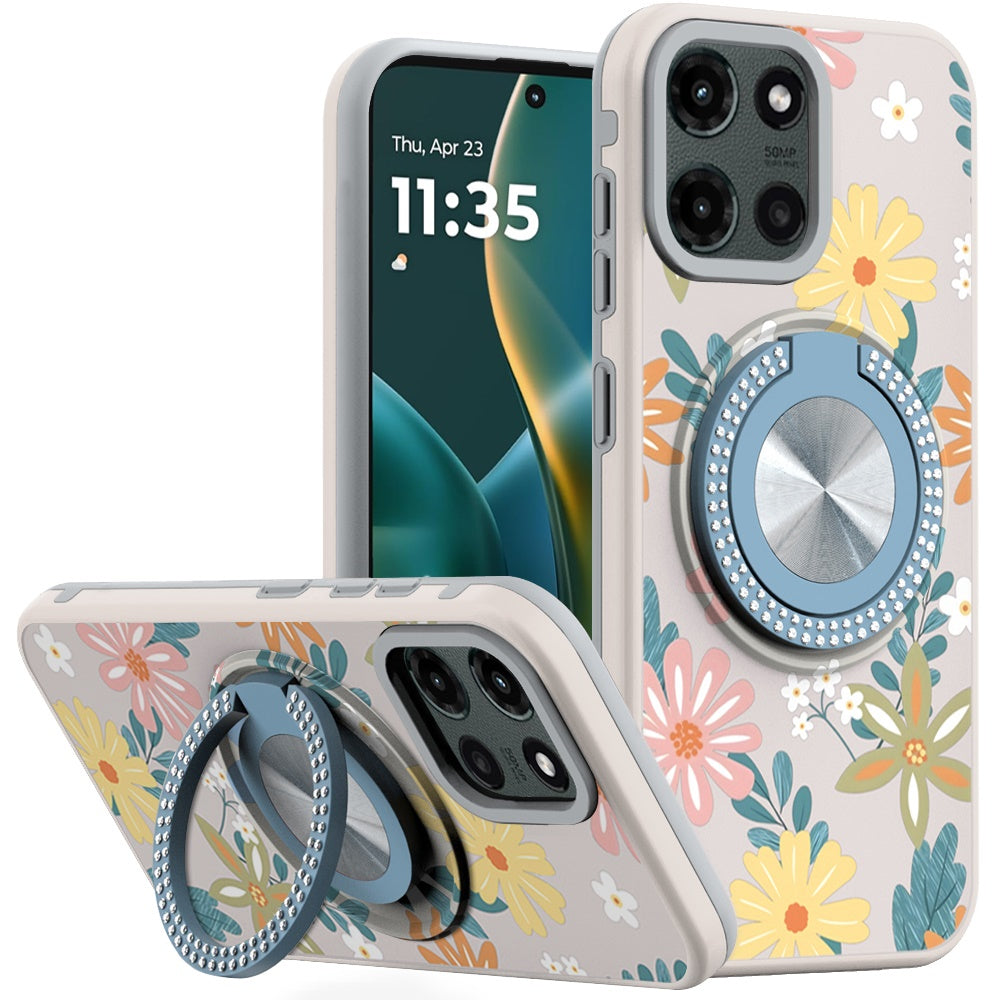 For Moto G Stylus 2025 Case Printed Magnetic Bling Ring Stand + Tempered Glass
