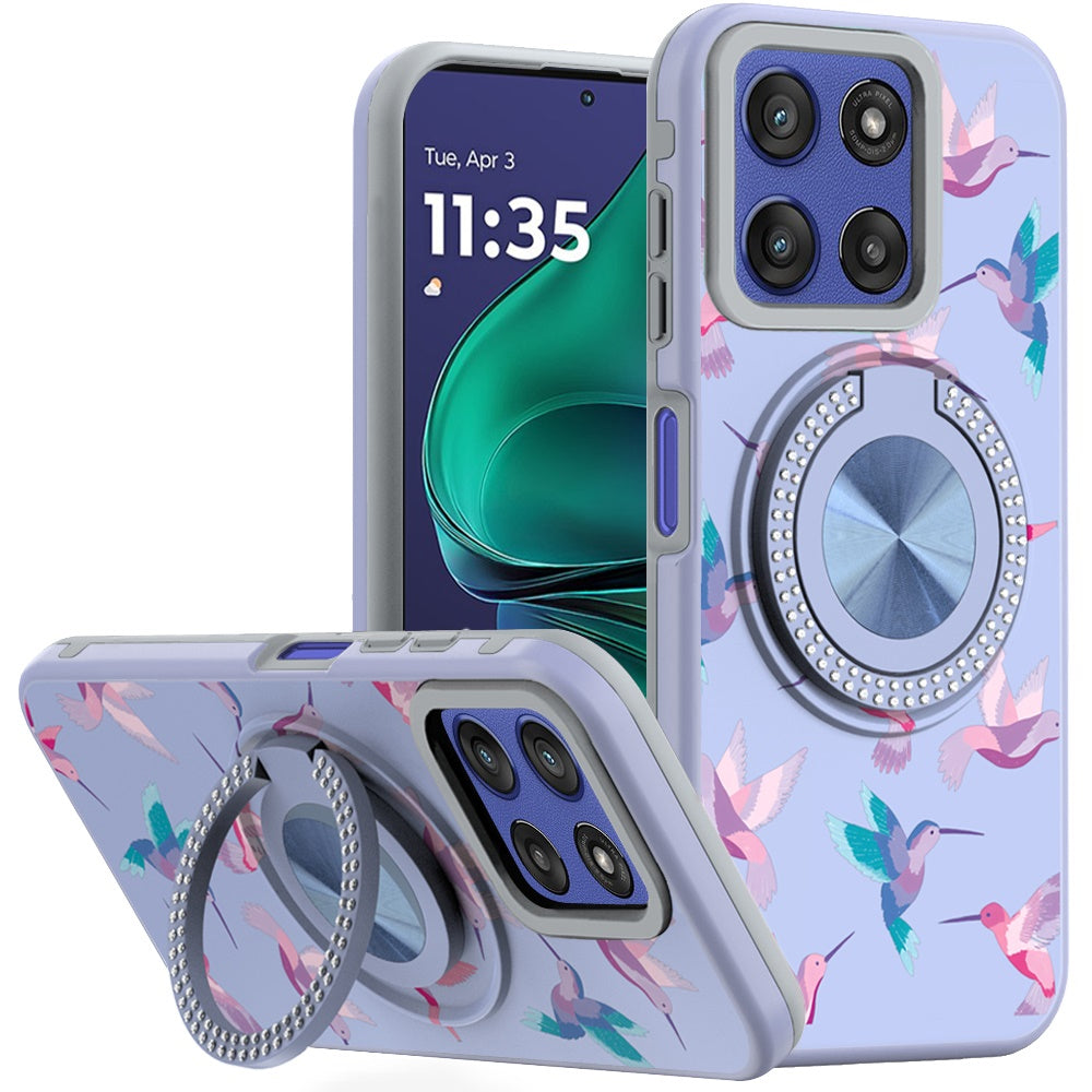 For Moto G Stylus 2025 Case Printed Design with Bling 360 Stand + Tempered Glass