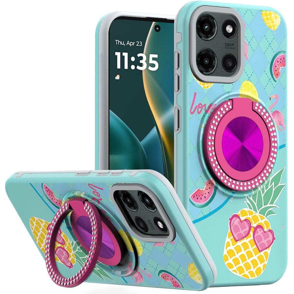 For Moto G Stylus 2025 Case Printed Magnetic Bling Ring Stand + Tempered Glass