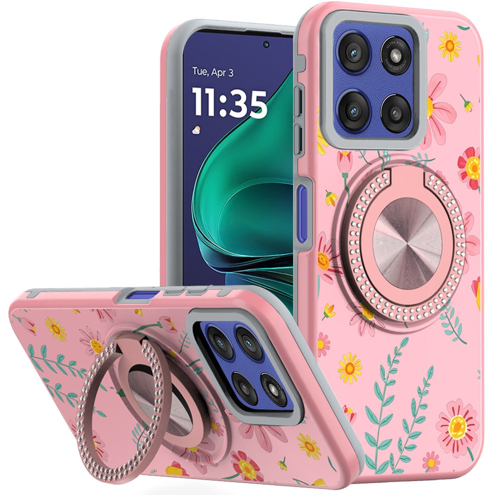 For Moto G Stylus 2025 Case Printed Design with Bling 360 Stand + Tempered Glass