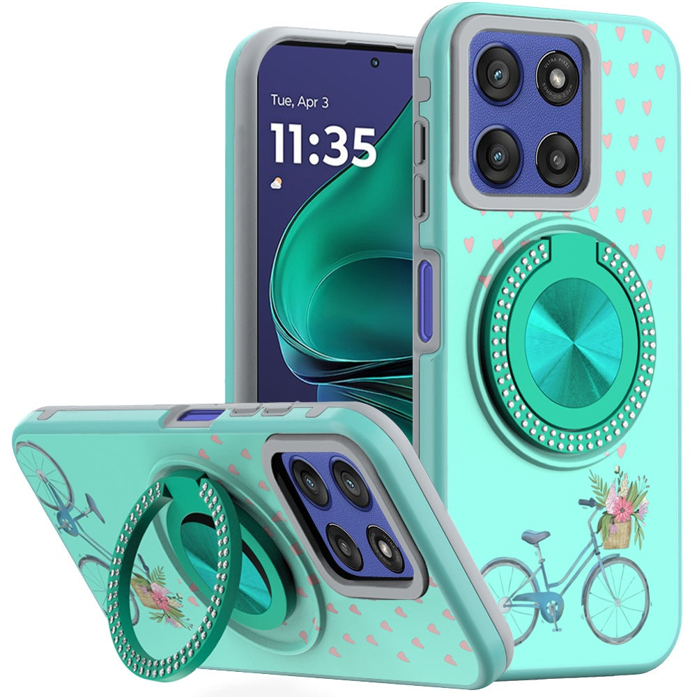 For Moto G Stylus 2025 Case Printed Design with Bling 360 Stand + Tempered Glass