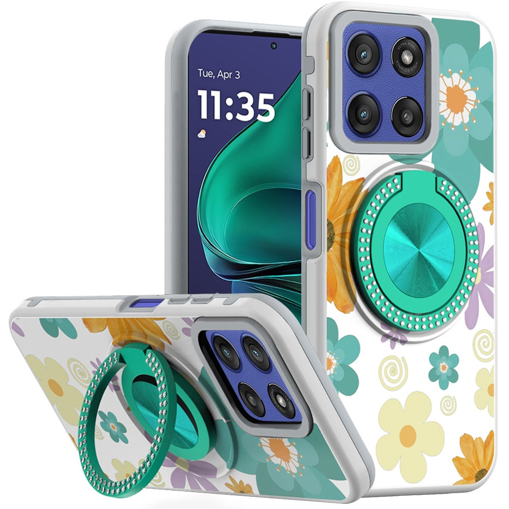 For Moto G Stylus 2025 Case Printed Design with Bling 360 Stand + Tempered Glass