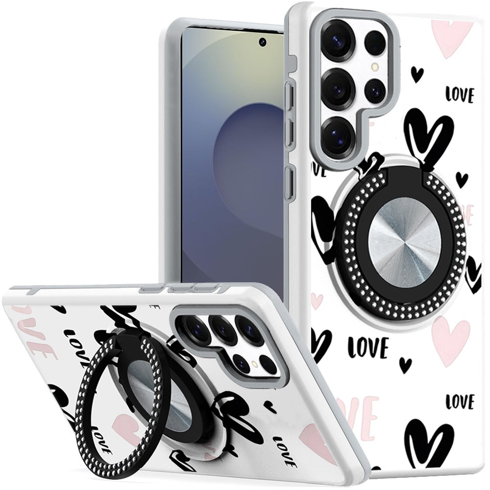 For Samsung S25 Ultra Case Printed Magnetic Bling Ring Stand + Tempered Glass