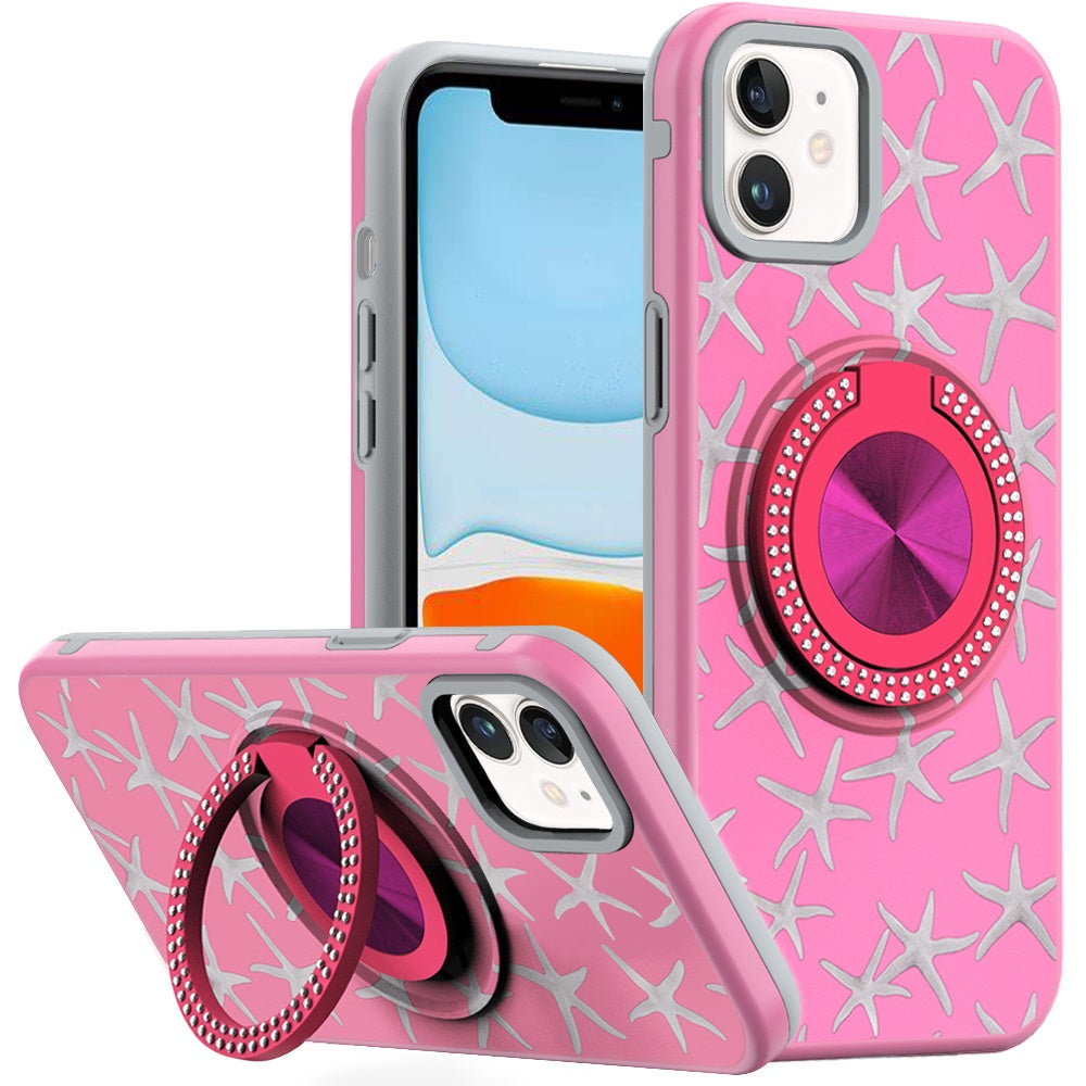 For iPhone 11 6.1 in. Case Printed Magnetic Bling Ring Stand + Tempered Glass