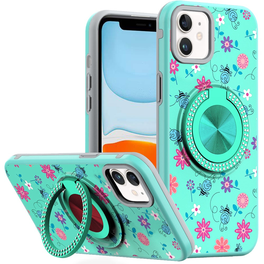 For iPhone 11 6.1 in. Case Printed Magnetic Bling Ring Stand + Tempered Glass
