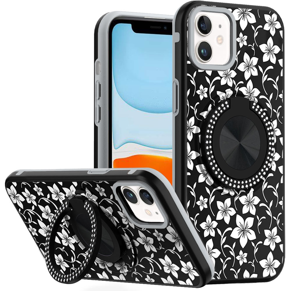 For iPhone 11 6.1 in. Case Printed Magnetic Bling Ring Stand + Tempered Glass